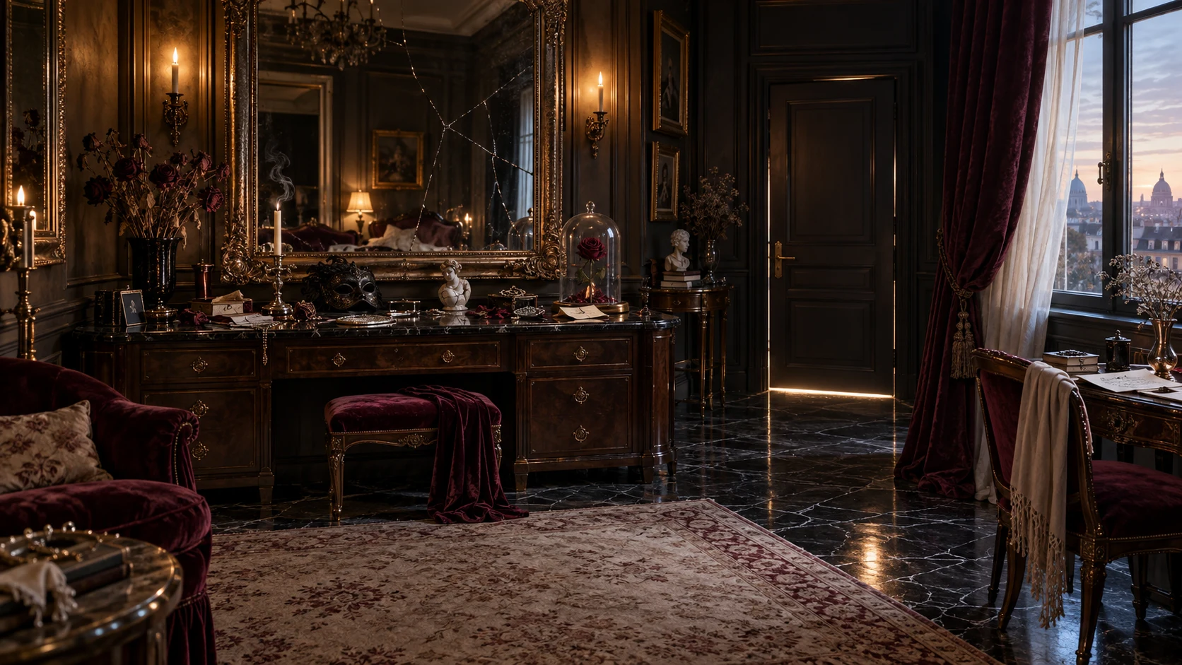 A cracked mirror above a dark vanity, a rose under glass, a mask, letters and keepsakes; an open window and a door toward the light.
